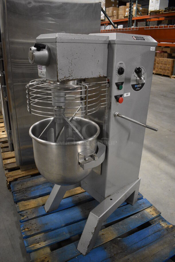 BEAUTIFUL! Univex Model SRM30 Metal Commercial Floor Style 30 Quart Planetary Mixer w/ Stainless Steel Mixing Bowl, Bowl Guard and Paddle Attachment. 115 Volts, 1 Phase. 22x34x50