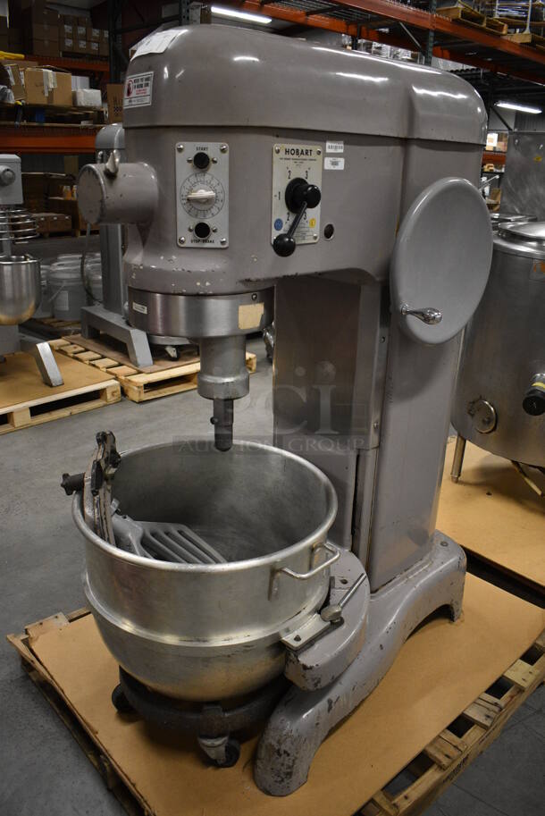 STUNNING! Hobart Model L-800 Metal Commercial Floor Style 80 Quart Planetary Mixer w/ Stainless Steel Mixing Bowl, Bowl Adaptor, Mixing Bowl Dolly and Paddle Attachment. 208 Volts, 3 Phase. 28x40x56