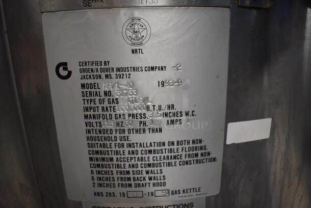 GORGEOUS! Groen Model AH/1-40 Stainless Steel Commercial Natural Gas Powered Floor Style 40 Gallon Steam Kettle. 100,000 BTU. 34x41x48 - Image 8 of 12