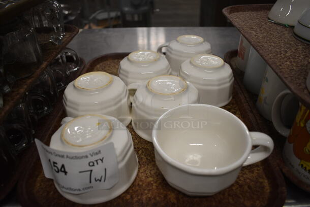 7 White Ceramic Mugs on Brown Tray. 5x4x2.5. 7 Times Your Bid! - Image 3 of 3