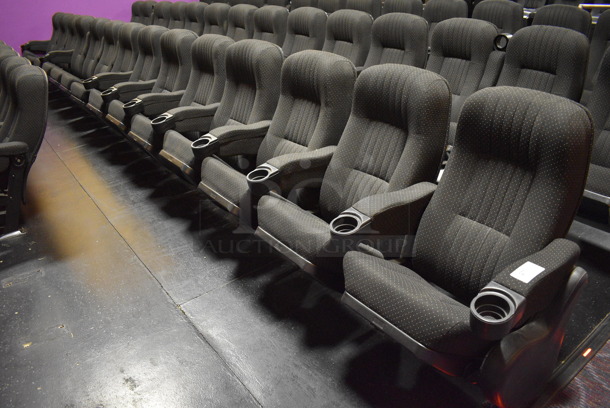 ALL ONE MONEY! Lot of One Row of 14 Gray Cinema / Movie Theater Seats! One Seat: 26x28x38. BUYER MUST REMOVE 