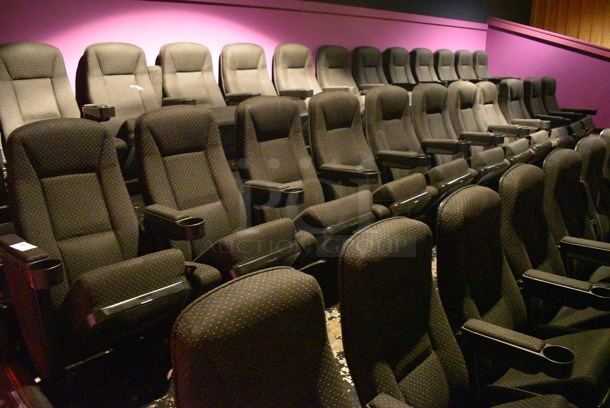 ALL ONE MONEY! Lot of One Row of 11 Gray Cinema / Movie Theater Seats! One Seat: 26x28x38. BUYER MUST REMOVE
