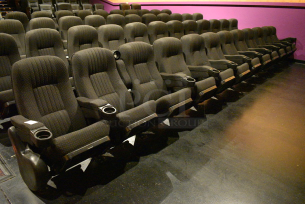 ALL ONE MONEY! Lot of One Row of 12 Gray Cinema / Movie Theater Seats! One Seat: 26x28x38. BUYER MUST REMOVE
