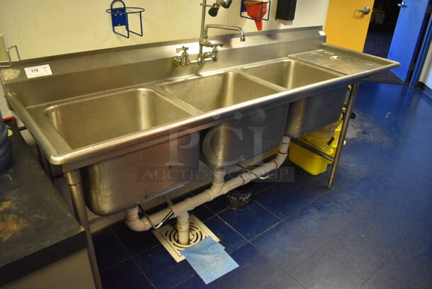Stainless Steel Commercial 3 Bay Sink w/ Right Side Drainboard, Spray Nozzle, Faucet and Handles. 88x27x42. Bays 20x20x12. Drainboard 16x23x2. BUYER MUST REMOVE