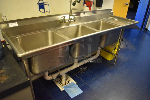 Stainless Steel Commercial 3 Bay Sink w/ Right Side Drainboard, Spray Nozzle, Faucet and Handles. 88x27x42. Bays 20x20x12. Drainboard 16x23x2. BUYER MUST REMOVE - Image 1 of 5