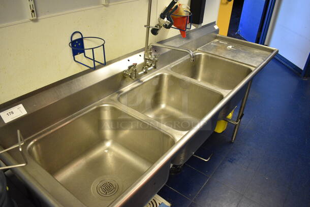 Stainless Steel Commercial 3 Bay Sink w/ Right Side Drainboard, Spray Nozzle, Faucet and Handles. 88x27x42. Bays 20x20x12. Drainboard 16x23x2. BUYER MUST REMOVE - Image 2 of 5