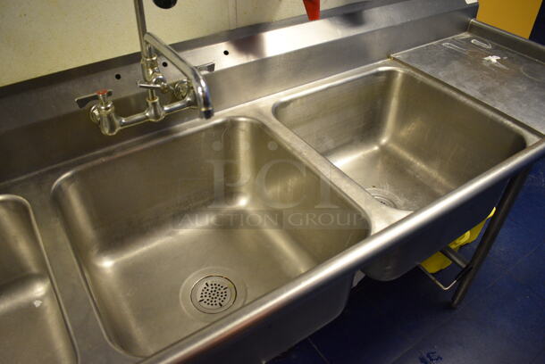 Stainless Steel Commercial 3 Bay Sink w/ Right Side Drainboard, Spray Nozzle, Faucet and Handles. 88x27x42. Bays 20x20x12. Drainboard 16x23x2. BUYER MUST REMOVE - Image 5 of 5