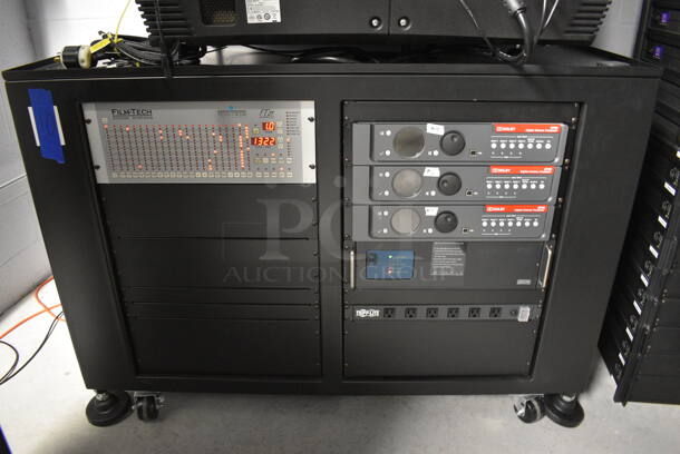 MARVELOUS! 2012 Barco Model DP2K-12C Commercial Countertop DLP Cinema Projector on Cabinet w/ Film-Tech FT21 Automation Cinema System, 4 Dolby CP750 Digital Cinema Processors, DCM Powercom, TV Monitor and Tripp Lite Surge Protector. 200-240 Volts. See Lot 4 For Additional Pictures! 26x38x22, 24x53x38. BUYER MUST REMOVE. Tested and Working! - Image 2 of 12