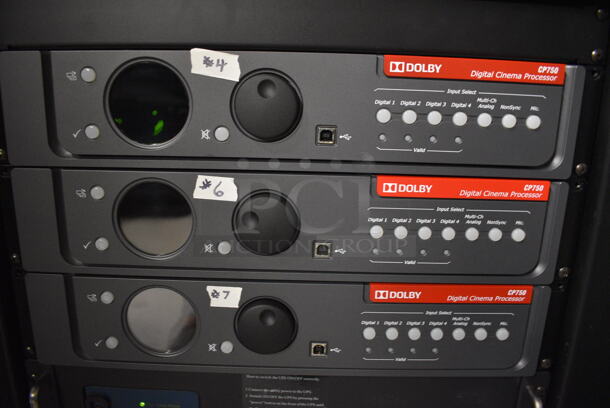 MARVELOUS! 2012 Barco Model DP2K-12C Commercial Countertop DLP Cinema Projector on Cabinet w/ Film-Tech FT21 Automation Cinema System, 4 Dolby CP750 Digital Cinema Processors, DCM Powercom, TV Monitor and Tripp Lite Surge Protector. 200-240 Volts. See Lot 4 For Additional Pictures! 26x38x22, 24x53x38. BUYER MUST REMOVE. Tested and Working! - Image 4 of 12