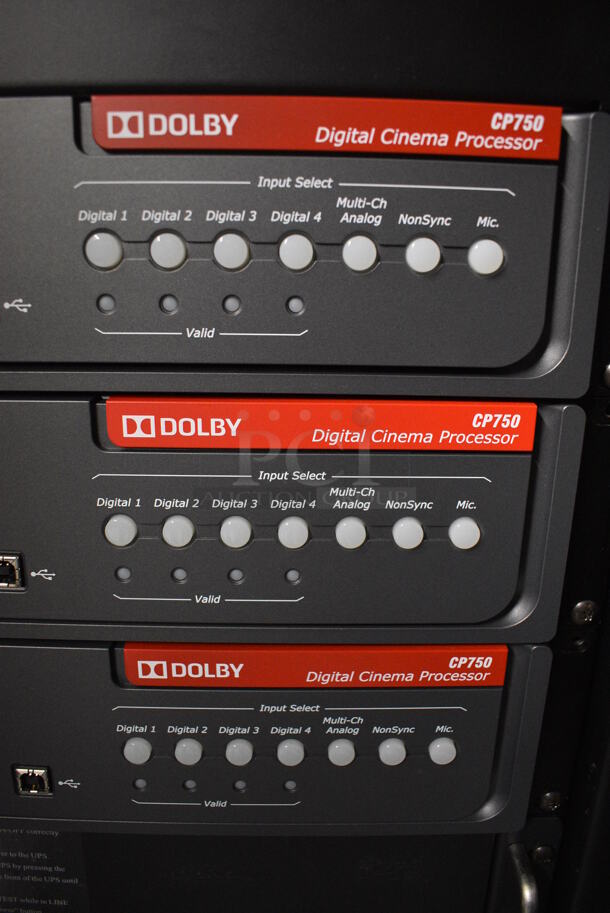 MARVELOUS! 2012 Barco Model DP2K-12C Commercial Countertop DLP Cinema Projector on Cabinet w/ Film-Tech FT21 Automation Cinema System, 4 Dolby CP750 Digital Cinema Processors, DCM Powercom, TV Monitor and Tripp Lite Surge Protector. 200-240 Volts. See Lot 4 For Additional Pictures! 26x38x22, 24x53x38. BUYER MUST REMOVE. Tested and Working! - Image 5 of 12