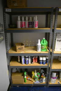 Gray Metal 5 Tier Shelving Unit w/ Contents. 36x18x73