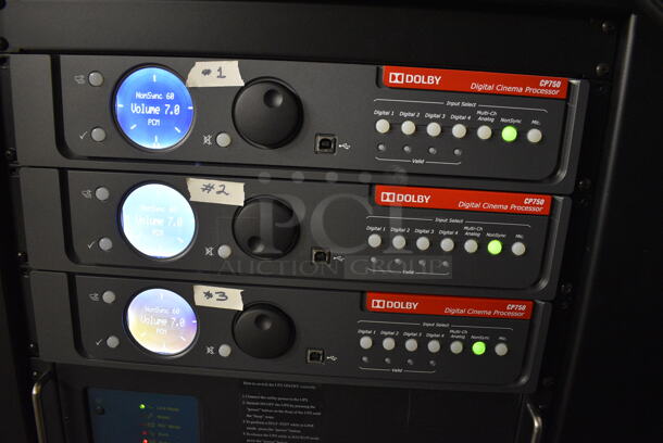 MARVELOUS! 2012 Barco Model DP2K-12C Commercial Countertop DLP Cinema Projector on Cabinet w/ Film-Tech FT21 Automation Cinema System, 4 Dolby CP750 Digital Cinema Processors, DCM Powercom, TV Monitor and Tripp Lite Surge Protector. 200-240 Volts. See Lot 6 For Additional Pictures! 26x38x22, 24x53x38. BUYER MUST REMOVE. Tested and Working! - Image 8 of 12
