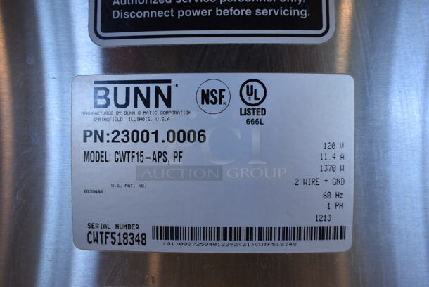 NICE! 2013 Bunn Model CWTF15-APS Stainless Steel Commercial Countertop Coffee Machine w/ Hot Water Dispenser and Poly Brew Basket. 120 Volts, 1 Phase. 9x20x24 - Image 4 of 6
