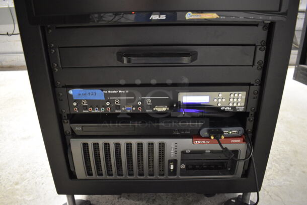 MARVELOUS! 2014 Barco Model DP2K-12C Commercial Countertop DLP Cinema Projector on Cabinet w/ Film-Tech FT21 Automation Cinema System, Gefer Cinema Scaler Pro III, Dolby CP750 Digital Cinema Processor, DCM Powercom, TV Monitor and Tripp Lite Surge Protector. 200-240 Volts. See Lot 10 For Additional Pictures! 26x38x22, 24x53x38. BUYER MUST REMOVE. Tested and Working! - Image 11 of 12