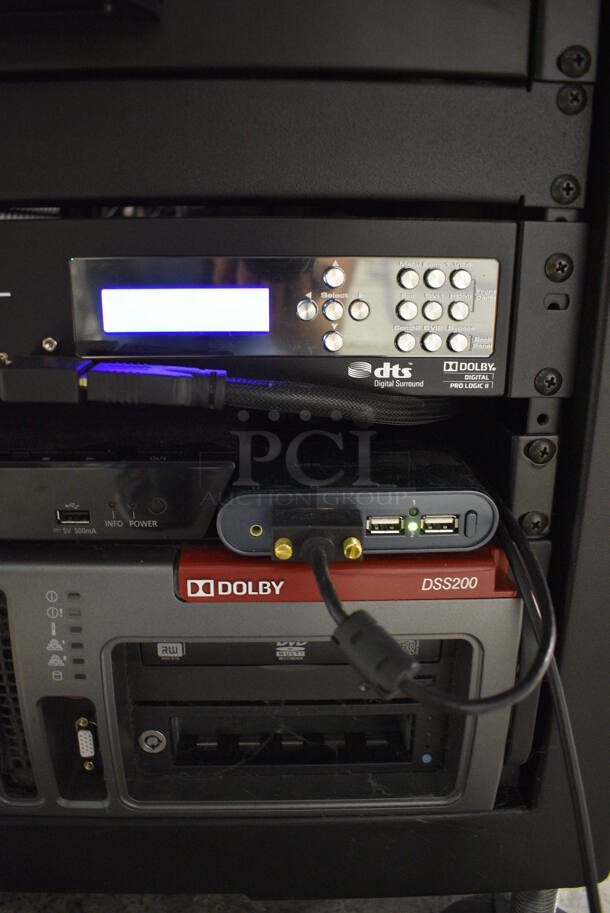MARVELOUS! 2014 Barco Model DP2K-12C Commercial Countertop DLP Cinema Projector on Cabinet w/ Film-Tech FT21 Automation Cinema System, Gefer Cinema Scaler Pro III, Dolby CP750 Digital Cinema Processor, DCM Powercom, TV Monitor and Tripp Lite Surge Protector. 200-240 Volts. See Lot 10 For Additional Pictures! 26x38x22, 24x53x38. BUYER MUST REMOVE. Tested and Working! - Image 12 of 12