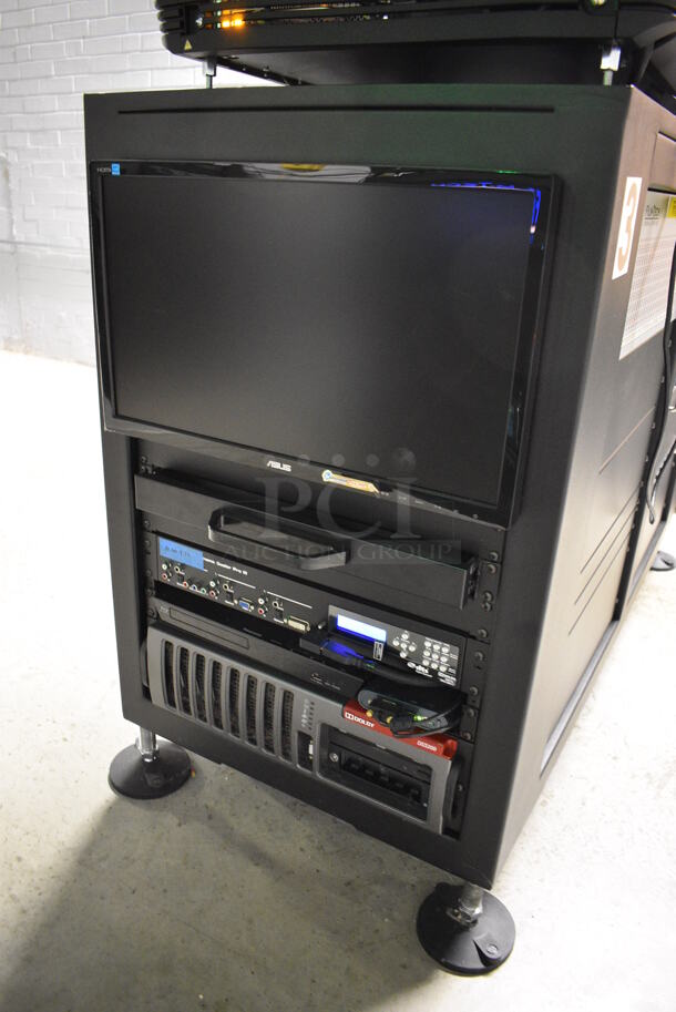 MARVELOUS! 2014 Barco Model DP2K-12C Commercial Countertop DLP Cinema Projector on Cabinet w/ Film-Tech FT21 Automation Cinema System, Gefer Cinema Scaler Pro III, Dolby CP750 Digital Cinema Processor, DCM Powercom, TV Monitor and Tripp Lite Surge Protector. 200-240 Volts. See Lot 12 For Additional Pictures! 26x38x22, 24x53x38. BUYER MUST REMOVE. Tested and Working! - Image 3 of 12