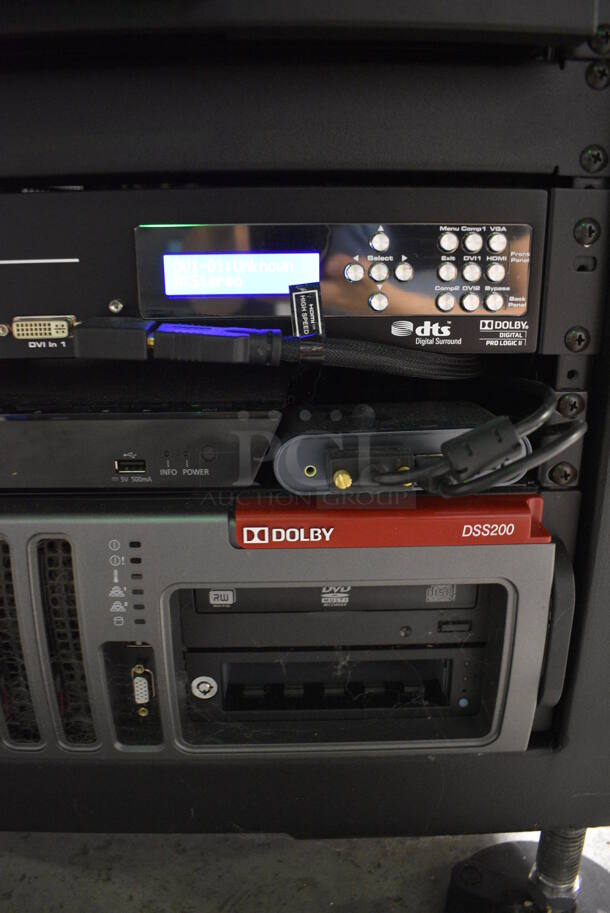 MARVELOUS! 2014 Barco Model DP2K-12C Commercial Countertop DLP Cinema Projector on Cabinet w/ Film-Tech FT21 Automation Cinema System, Gefer Cinema Scaler Pro III, Dolby CP750 Digital Cinema Processor, DCM Powercom, TV Monitor and Tripp Lite Surge Protector. 200-240 Volts. See Lot 12 For Additional Pictures! 26x38x22, 24x53x38. BUYER MUST REMOVE. Tested and Working! - Image 4 of 12