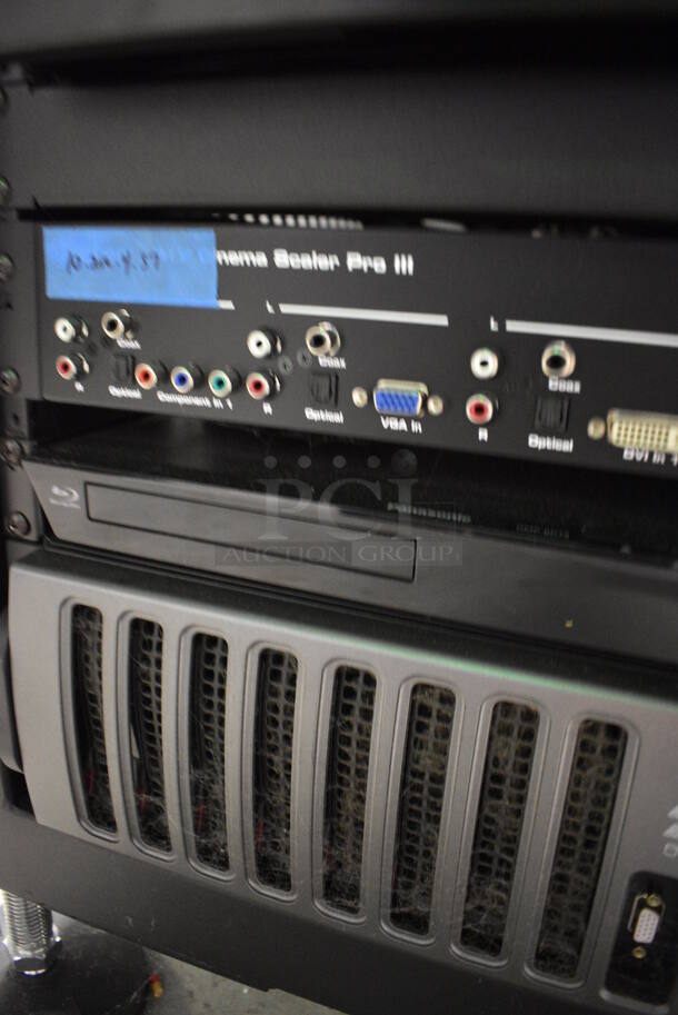 MARVELOUS! 2014 Barco Model DP2K-12C Commercial Countertop DLP Cinema Projector on Cabinet w/ Film-Tech FT21 Automation Cinema System, Gefer Cinema Scaler Pro III, Dolby CP750 Digital Cinema Processor, DCM Powercom, TV Monitor and Tripp Lite Surge Protector. 200-240 Volts. See Lot 12 For Additional Pictures! 26x38x22, 24x53x38. BUYER MUST REMOVE. Tested and Working! - Image 5 of 12