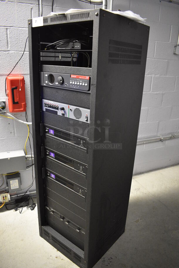 7 FANTASTIC! Items In Black Metal Rack Unit; Inline CTL101 Central Interface, Dolby CP750 Digital Cinema Processor, CM Series , 3 QSC BCA1622 Digital Cinema Amplifiers and Component Engineering LS-30-M. 22.5x22x69. 7 Times Your Bid! - Image 2 of 12