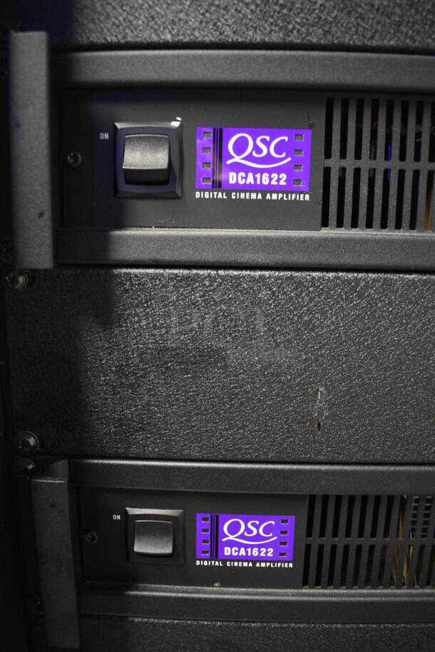 7 FANTASTIC! Items In Black Metal Rack Unit; Inline CTL101 Central Interface, Dolby CP750 Digital Cinema Processor, CM Series , 3 QSC BCA1622 Digital Cinema Amplifiers and Component Engineering LS-30-M. 22.5x22x69. 7 Times Your Bid! - Image 6 of 12