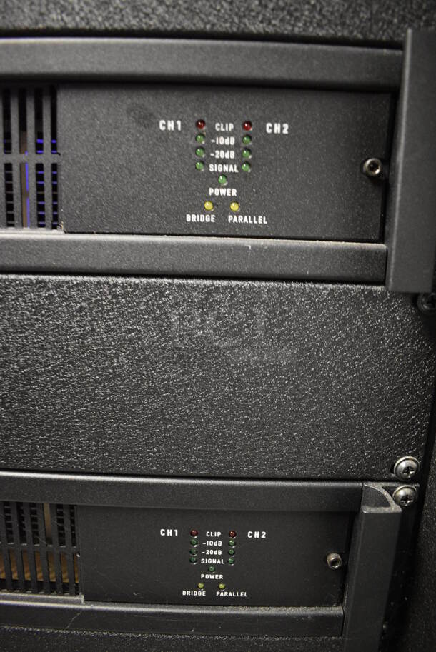 7 FANTASTIC! Items In Black Metal Rack Unit; Inline CTL101 Central Interface, Dolby CP750 Digital Cinema Processor, CM Series , 3 QSC BCA1622 Digital Cinema Amplifiers and Component Engineering LS-30-M. 22.5x22x69. 7 Times Your Bid! - Image 7 of 12