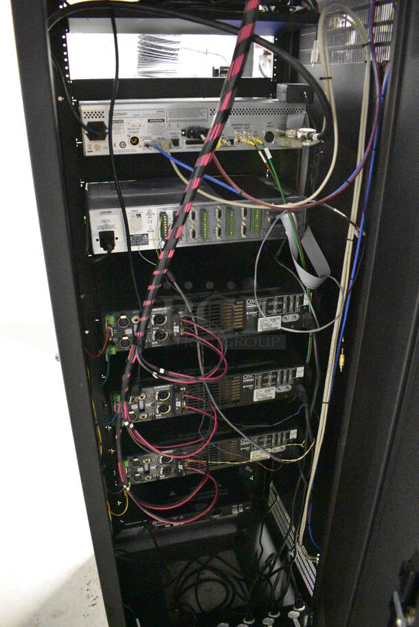 7 FANTASTIC! Items In Black Metal Rack Unit; Inline CTL101 Central Interface, Dolby CP750 Digital Cinema Processor, CM Series , 3 QSC BCA1622 Digital Cinema Amplifiers and Component Engineering LS-30-M. 22.5x22x69. 7 Times Your Bid! - Image 12 of 12