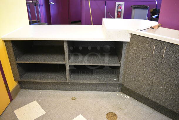 Serving Counter w/ Gray Doors, White Countertop and 16 Rear In Counter Cup Dispensers. Approximately 450" Wide See Picture For Dimensions. BUYER MUST REMOVE - Image 2 of 10