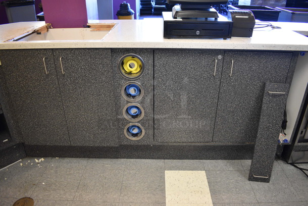 Serving Counter w/ Gray Doors, White Countertop and 16 Rear In Counter Cup Dispensers. Approximately 450" Wide See Picture For Dimensions. BUYER MUST REMOVE - Image 3 of 10