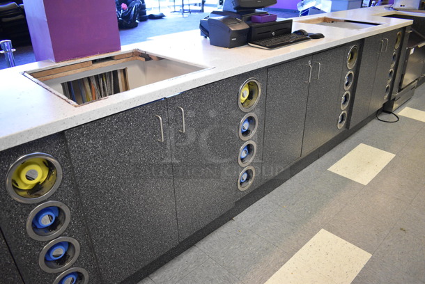 Serving Counter w/ Gray Doors, White Countertop and 16 Rear In Counter Cup Dispensers. Approximately 450" Wide See Picture For Dimensions. BUYER MUST REMOVE - Image 5 of 10