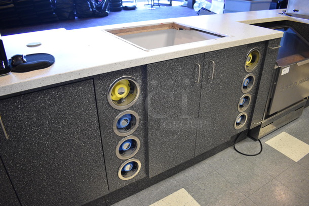Serving Counter w/ Gray Doors, White Countertop and 16 Rear In Counter Cup Dispensers. Approximately 450" Wide See Picture For Dimensions. BUYER MUST REMOVE - Image 6 of 10