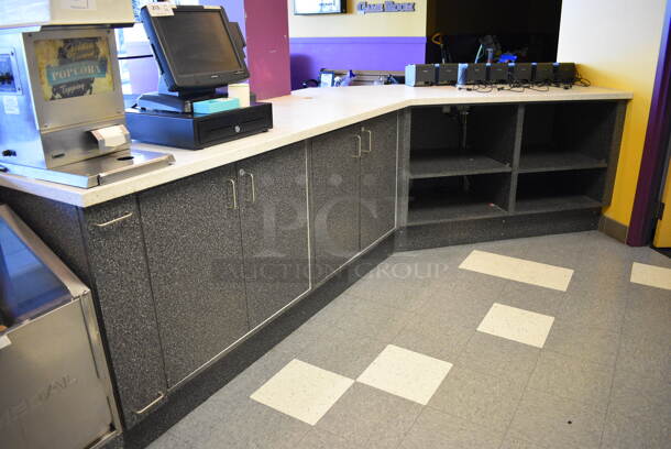 Serving Counter w/ Gray Doors, White Countertop and 16 Rear In Counter Cup Dispensers. Approximately 450" Wide See Picture For Dimensions. BUYER MUST REMOVE - Image 7 of 10
