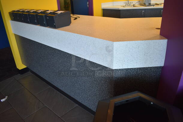 Serving Counter w/ Gray Doors, White Countertop and 16 Rear In Counter Cup Dispensers. Approximately 450" Wide See Picture For Dimensions. BUYER MUST REMOVE - Image 9 of 10