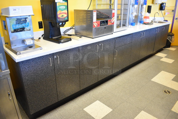 Work Counter w/ Gray Doors, White Countertop and Sink Bay. 196x30x36 BUYER MUST REMOVE