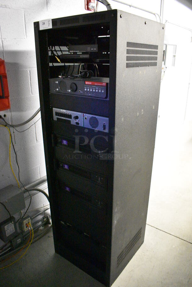 8 FANTASTIC! Items In Black Metal Rack Unit; Inline CTL101 Central Interface, Memorex Unit, Dolby CP750 Digital Cinema Processor, CM Series, 3 QSC BCA1622 Digital Cinema Amplifiers and Component Engineering LS-30-M. 22.5x22x69. 8 Times Your Bid! - Image 2 of 11