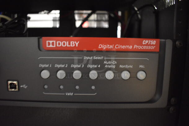 8 FANTASTIC! Items In Black Metal Rack Unit; Inline CTL101 Central Interface, Memorex Unit, Dolby CP750 Digital Cinema Processor, CM Series, 3 QSC BCA1622 Digital Cinema Amplifiers and Component Engineering LS-30-M. 22.5x22x69. 8 Times Your Bid! - Image 4 of 11