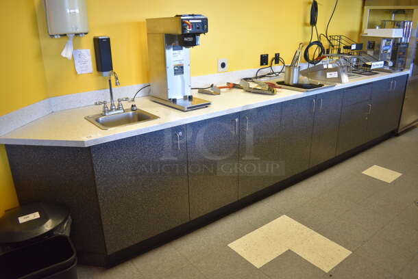 Work Counter w/ Gray Doors, White Countertop and Sink Bay. 173x30x36 BUYER MUST REMOVE