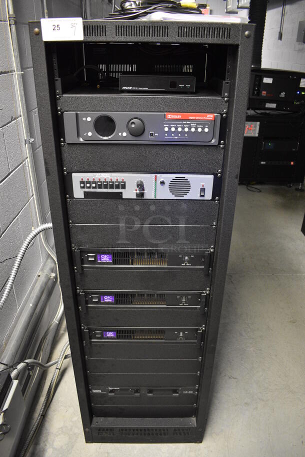 7 FANTASTIC! Items In Black Metal Rack Unit; Inline CTL101 Central Interface, Dolby CP750 Digital Cinema Processor, CM Series Monitor, 3 QSC BCA1622 Digital Cinema Amplifiers and Component Engineering LS-30-M. 22.5x22x69. 7 Times Your Bid!