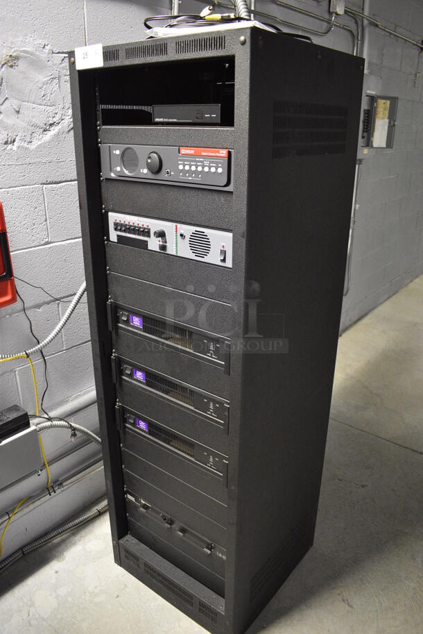 7 FANTASTIC! Items In Black Metal Rack Unit; Inline CTL101 Central Interface, Dolby CP750 Digital Cinema Processor, CM Series Monitor, 3 QSC BCA1622 Digital Cinema Amplifiers and Component Engineering LS-30-M. 22.5x22x69. 7 Times Your Bid! - Image 2 of 12