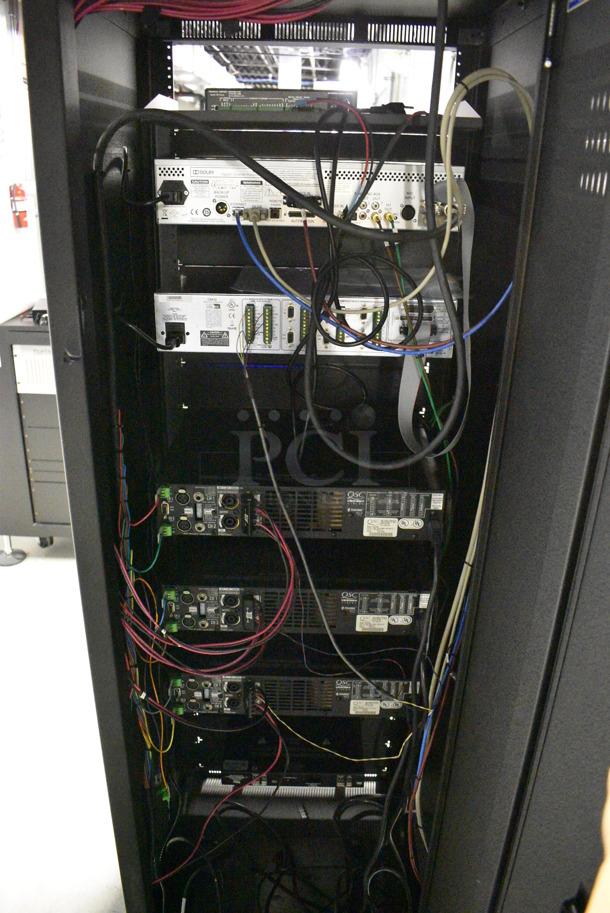 7 FANTASTIC! Items In Black Metal Rack Unit; Inline CTL101 Central Interface, Dolby CP750 Digital Cinema Processor, CM Series Monitor, 3 QSC BCA1622 Digital Cinema Amplifiers and Component Engineering LS-30-M. 22.5x22x69. 7 Times Your Bid! - Image 11 of 12