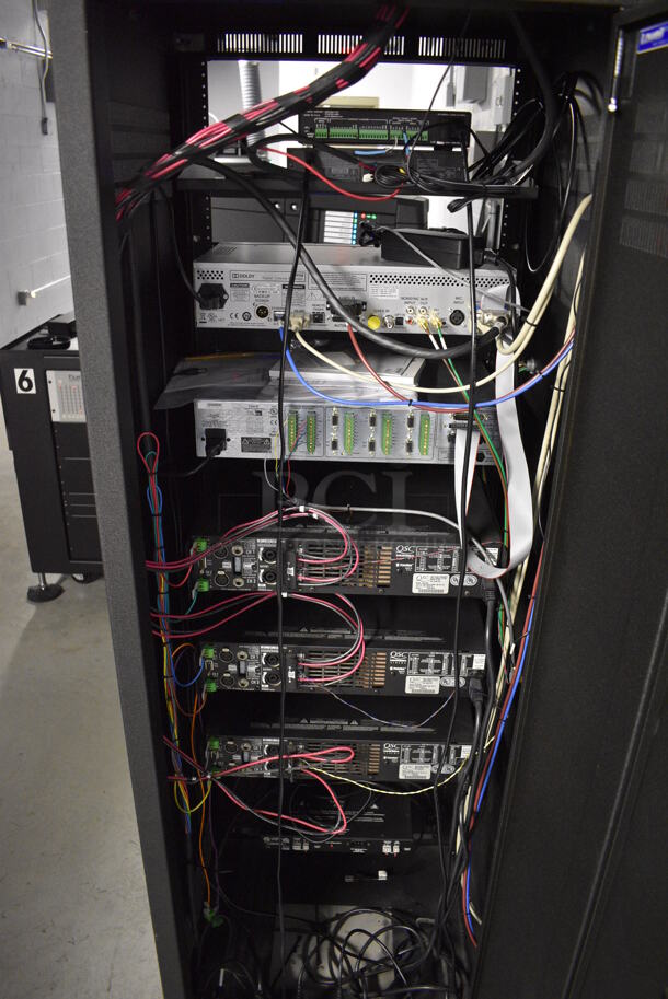 8 FANTASTIC! Items In Black Metal Rack Unit; Inline CTL101 Central Interface, Memorex Unit, Dolby CP750 Digital Cinema Processor, CM Series, 3 QSC BCA1622 Digital Cinema Amplifiers and Component Engineering LS-30-M. 22.5x22x69. 8 Times Your Bid! - Image 11 of 11