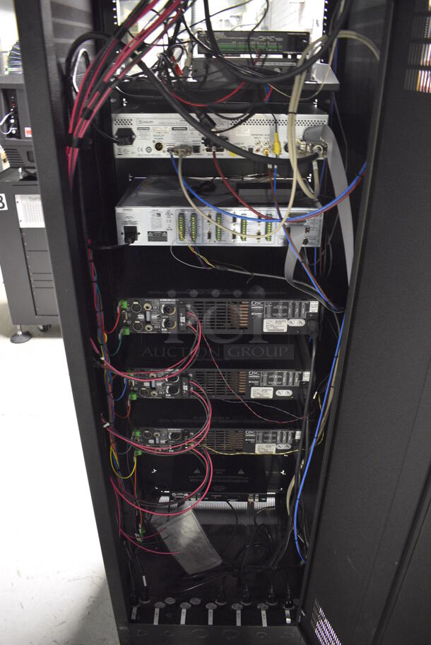 8 FANTASTIC! Items In Black Metal Rack Unit; Inline CTL101 Central Interface, Unit, Dolby CP750 Digital Cinema Processor, CM Series, 3 QSC BCA1622 Digital Cinema Amplifiers and Component Engineering LS-30-M. 22.5x22x69. 8 Times Your Bid! - Image 11 of 11