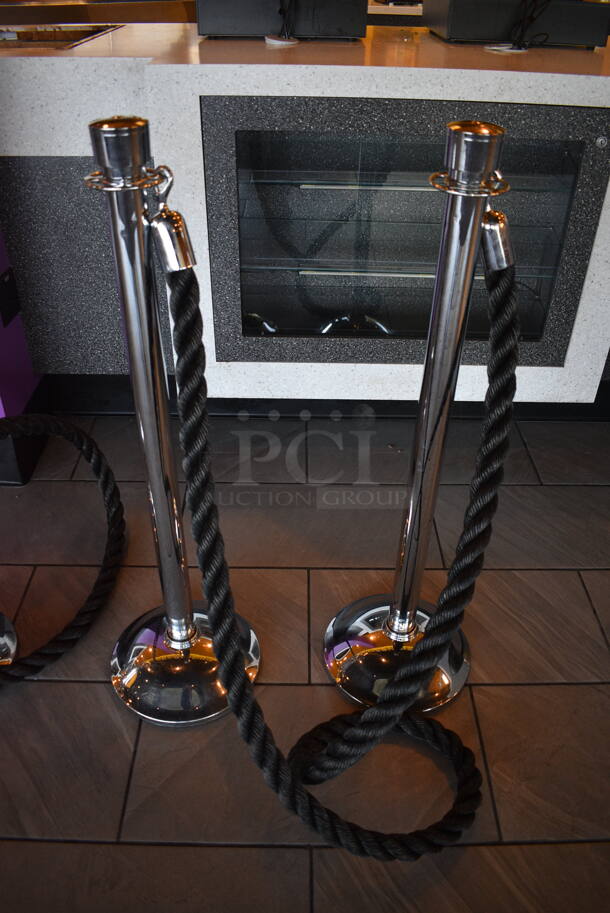 4 Chrome Finish Stanchions w/ 2 Black Ropes. 11.5x11.5x39. 4 Times Your Bid! - Image 2 of 5