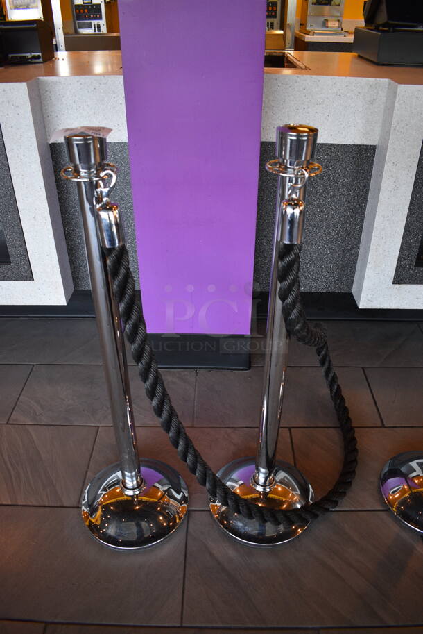 4 Chrome Finish Stanchions w/ 2 Black Ropes. 11.5x11.5x39. 4 Times Your Bid! - Image 3 of 5