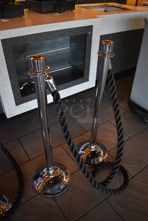 4 Chrome Finish Stanchions w/ 2 Black Ropes. 11.5x11.5x39. 4 Times Your Bid! - Image 5 of 5