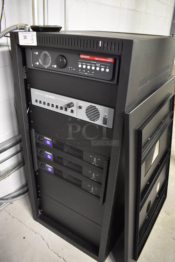 5 FANTASTIC! Items In Black Metal Rack Unit; Dolby CP750 Digital Cinema Processor, CM Series Monitor, 3 QSC BCA1622 Digital Cinema Amplifiers. 22x28x46.5. 5 Times Your Bid! - Image 2 of 8