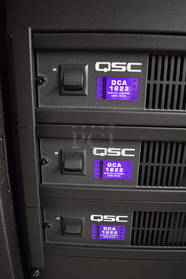 5 FANTASTIC! Items In Black Metal Rack Unit; Dolby CP750 Digital Cinema Processor, CM Series Monitor, 3 QSC BCA1622 Digital Cinema Amplifiers. 22x28x46.5. 5 Times Your Bid! - Image 5 of 8