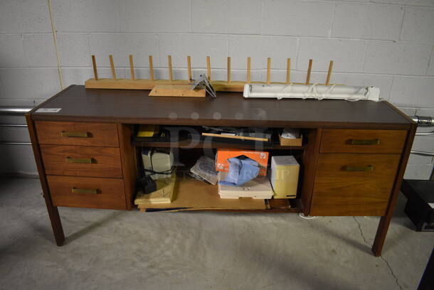 Wood Pattern Desk w/ 5 Drawers and Contents! 66x19x28.5