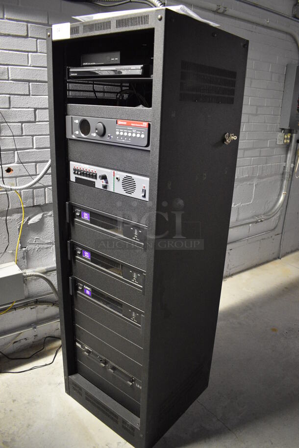 8 FANTASTIC! Items In Black Metal Rack Unit; Inline CTL101 Central Interface, Memorex Unit, Dolby CP750 Digital Cinema Processor, CM Series, 3 QSC BCA1622 Digital Cinema Amplifiers and Component Engineering LS-30-M. 22.5x22x69. 8 Times Your Bid! - Image 3 of 11