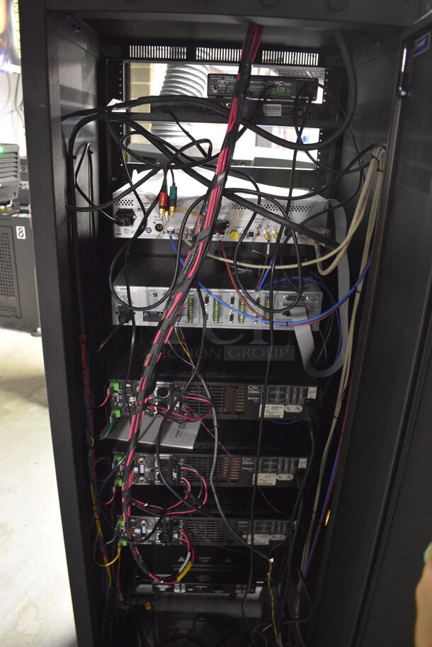 8 FANTASTIC! Items In Black Metal Rack Unit; Inline CTL101 Central Interface, Memorex Unit, Dolby CP750 Digital Cinema Processor, CM Series, 3 QSC BCA1622 Digital Cinema Amplifiers and Component Engineering LS-30-M. 22.5x22x69. 8 Times Your Bid! - Image 11 of 11