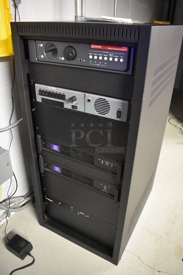 5 FANTASTIC! Items In Black Metal Rack Unit; Dolby CP750 Digital Cinema Processor, CM Series Monitor, 2 QSC BCA1622 Digital Cinema Amplifiers and Kelmar Unit. 22x28x46.5. 5 Times Your Bid! - Image 2 of 9